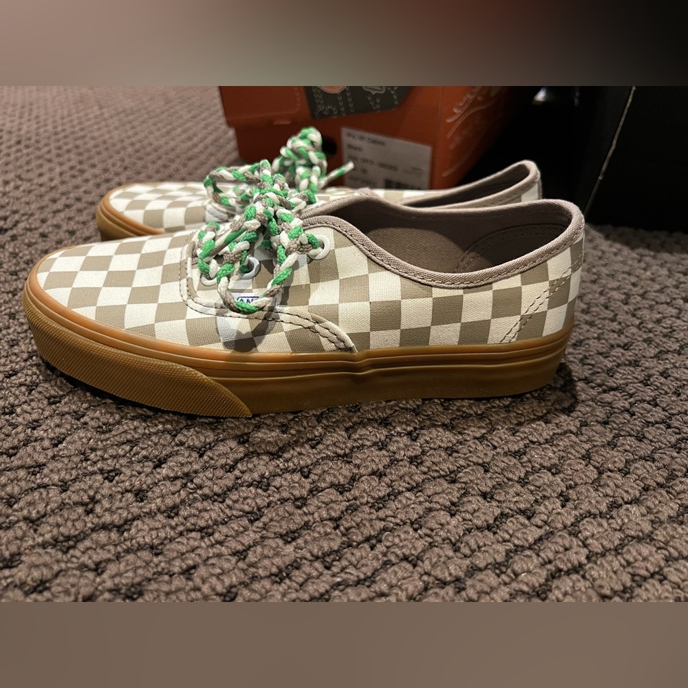 Authentic Checkerboards Vans with Green Laces Size 6